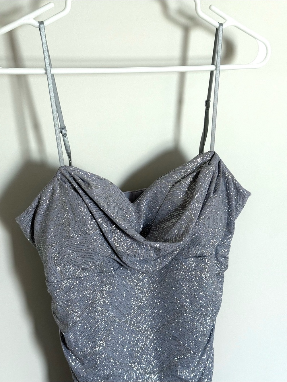 Emerald Sundae Silver Glitter Draped Cowl Neck Ruched Mini Dress Large - Picture 6 of 14